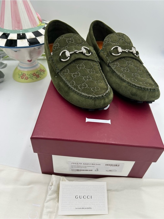 Men\'s Gucci GG embossed suede driver loafers size 9 fits 9.5 US made in Italy